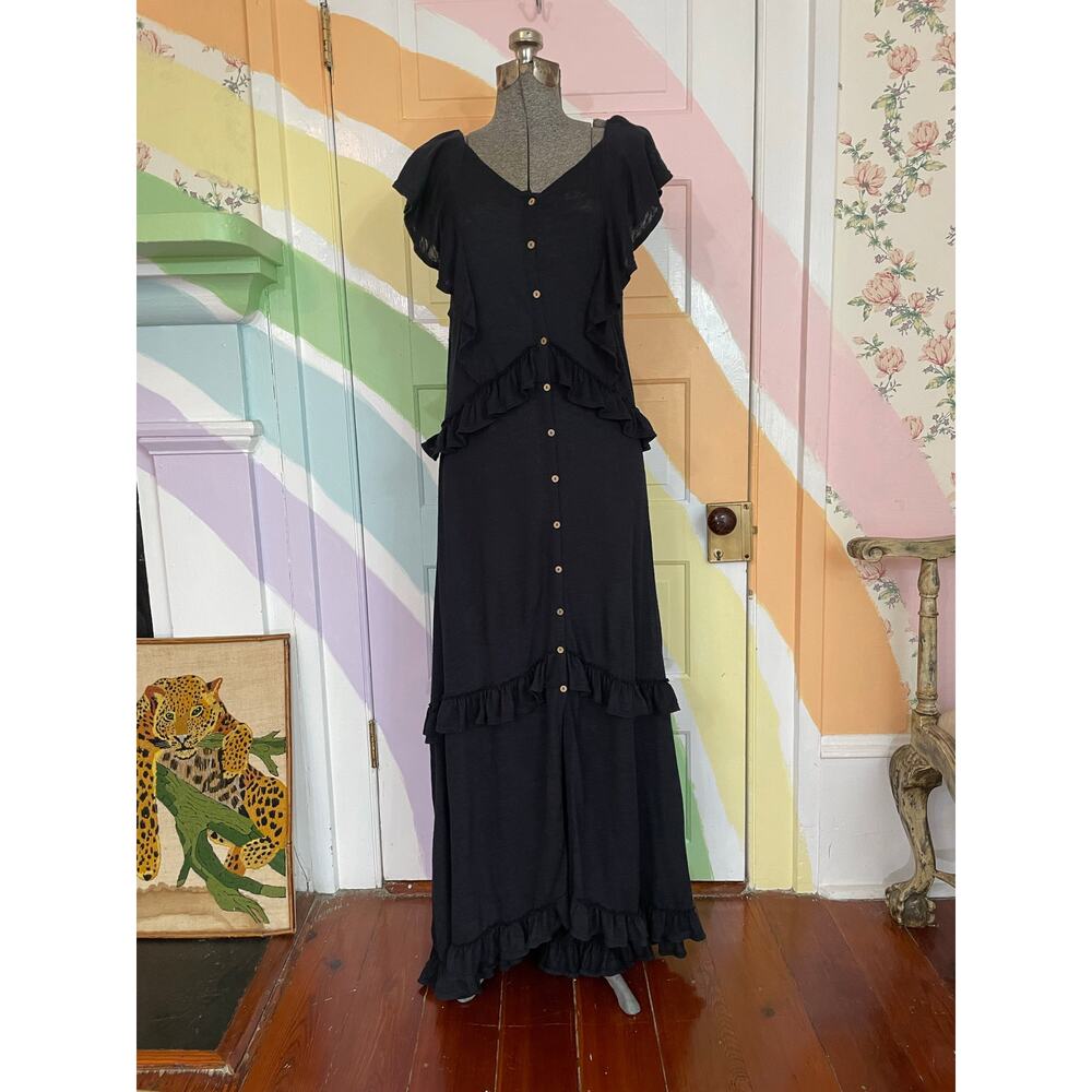 FP Beach Black Maxi Dress Button Front Ruffle Boho Size Large